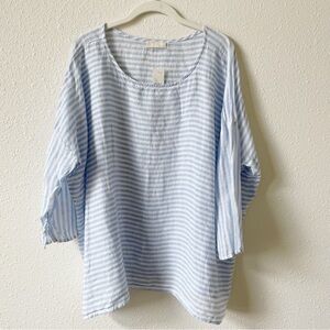 CP Shades 100% Linen Blue Striped Top Size Small Oversized Lagenlook Coastal USA